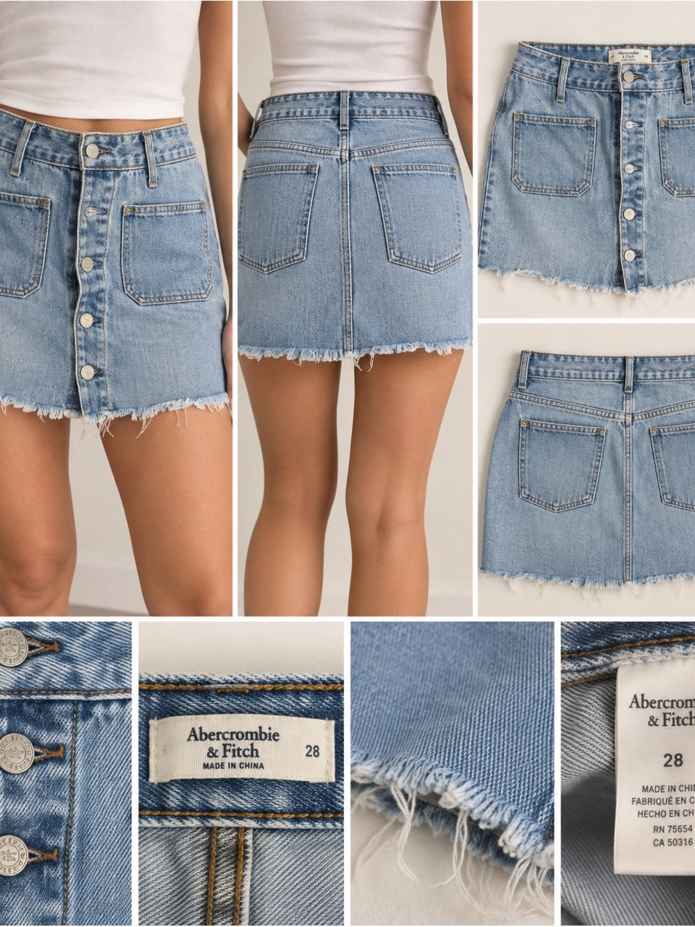 Abercrombie & Fitch Light Blue Denim Button-Front Frayed Hem Mini Skirt